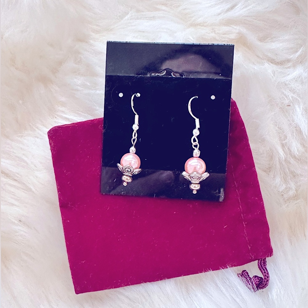 ꧁Soul Embellishments꧂Elegant Floral Pink Pearl Earrings (925s STAMPED) Handmade